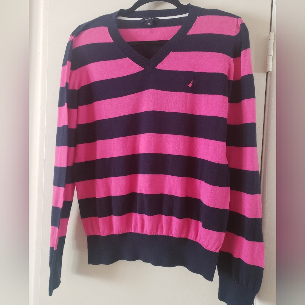 Nautica V-neck Sweater Navy & Pink Stripes
